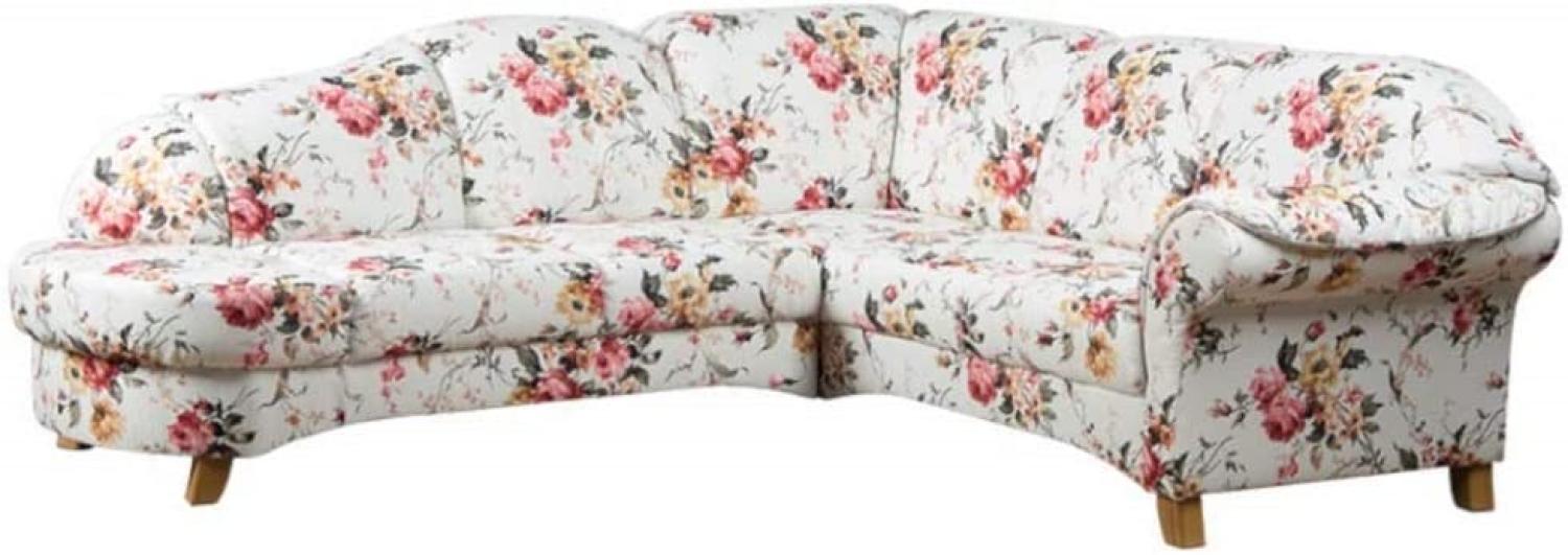 Cavadore Ecksofa Maifayr mit Federkern / Geblümte Polsterecke im Landhausstil mit Holzfüßen / Landhaus Möbel / Armteil rechts / 245 x 220 x 90 / Blumenmuster beige/rosa Bild 1