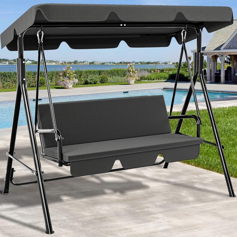 YITAHOME Hollywoodschaukel, 3 Sitzer Outdoor Hollywoodschaukeln mit Liegefunktion, Metall Gartenschaukel mit Verstellbarem Sonnendach & Abnehmbarem Kissen für Erwachsene, 270KG Belastbar, Grau Bild 1