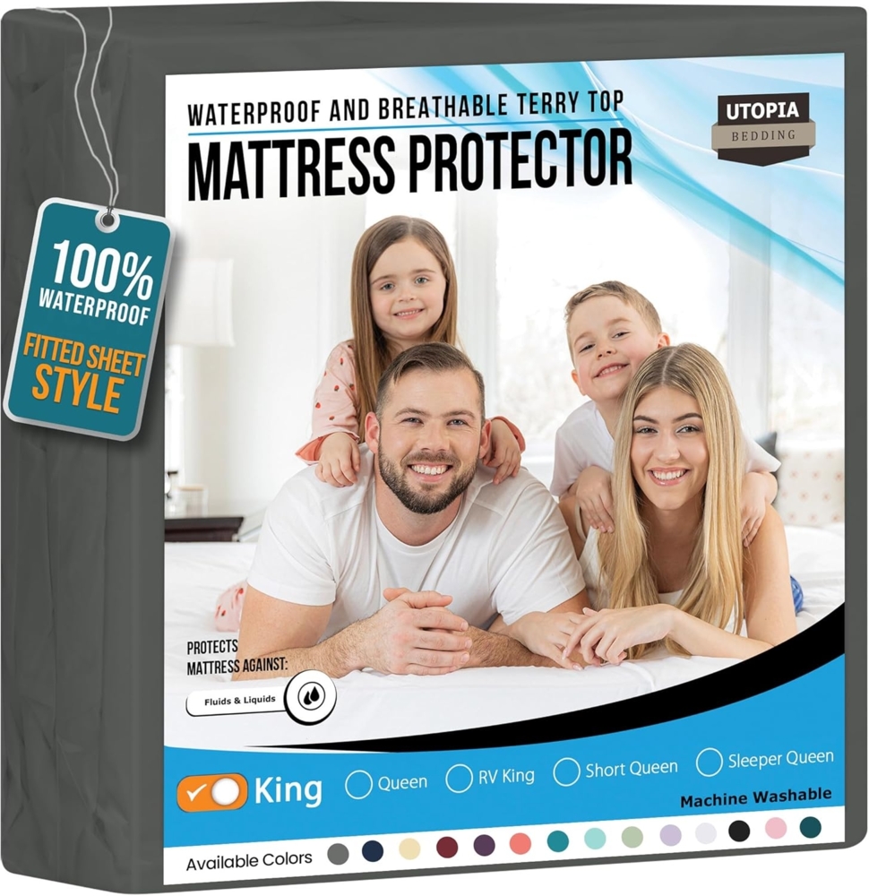 Utopia Bedding Wasserdichter Matratzenschoner für King-Size-Bett, Premium-Frottee-Matratzenbezug, 200 g/m², atmungsaktiv, taillierter Stil mit dehnbaren Taschen (grau) Bild 1