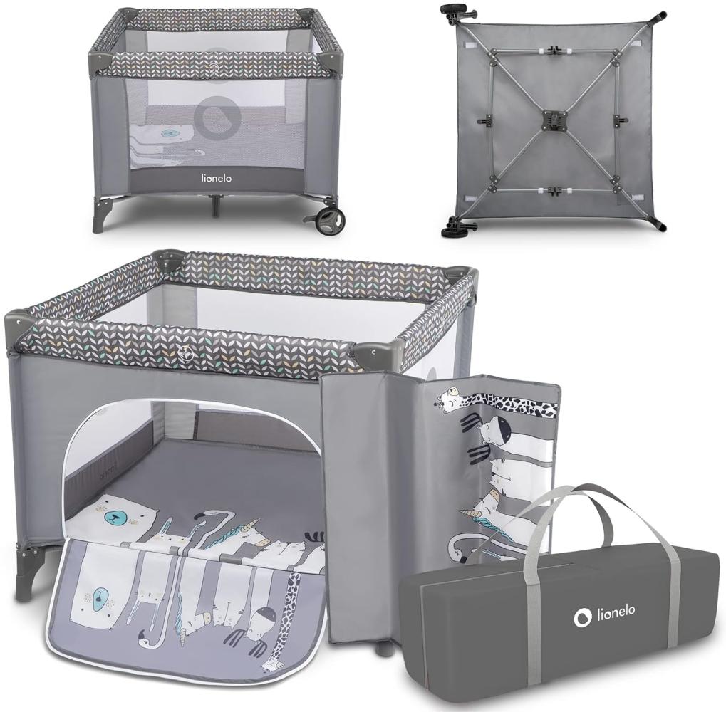 Lionelo Sofie Laufstall Laufstall Baby Baby Bett Reisebett Baby ab Geburt bis 15 kg Seiteneingang Lockguard System und Blockade der Räder Tragetasche zusammenklappbar (Grau) Bild 1