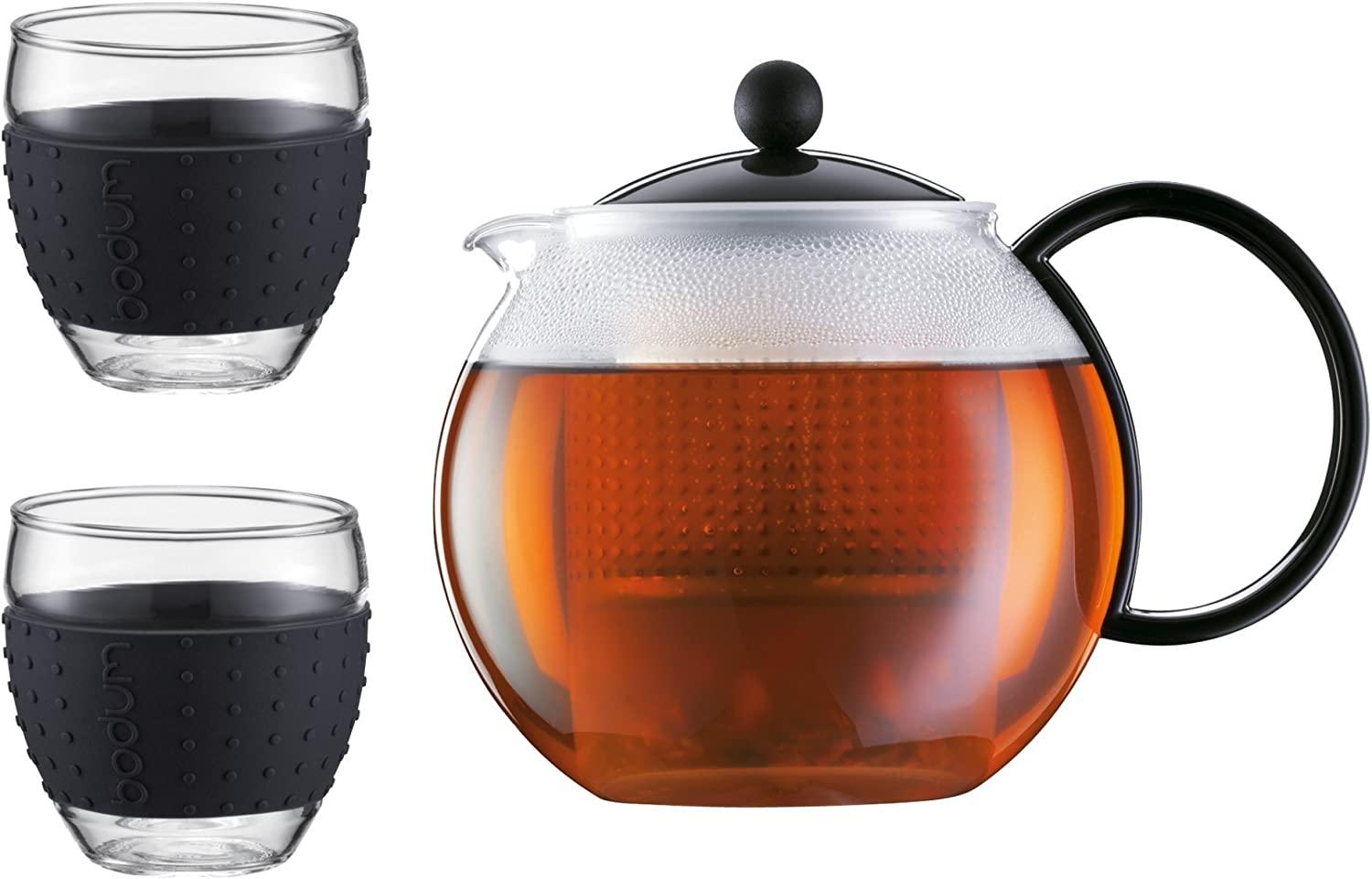 Bodum K1844-01-2 Assam Set Teekanne mit 2 Gläser 35 cl mit Silikonband, 1 Liter, Schwarz Bild 1