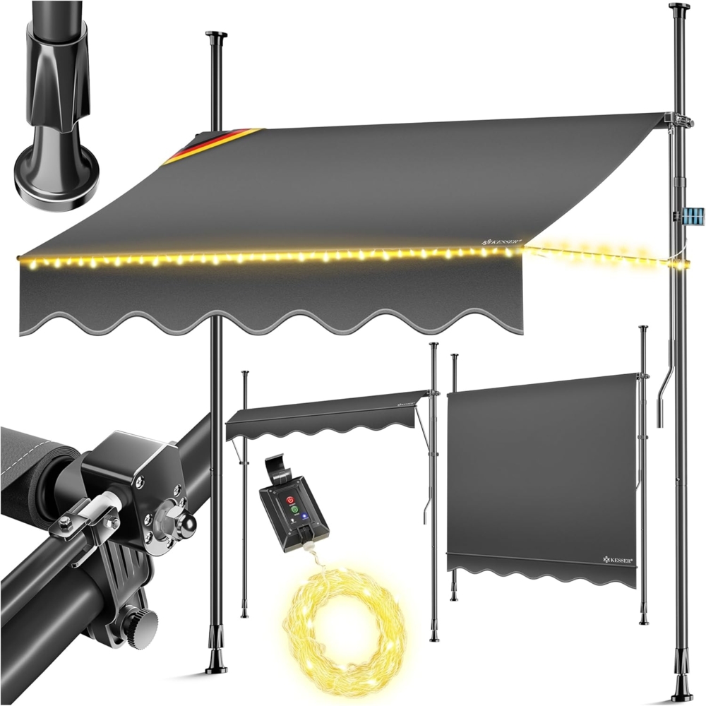 KESSER® Klemmmarkise mit Handkurbel & LED Lichterkette | Balkonmarkise ohne Bohren | Markise UV-beständig höhenverstellbar & wasserabweisend | Sonnenschutz für Balkon Terrasse & Garten Anthrazit, 400cm Bild 1