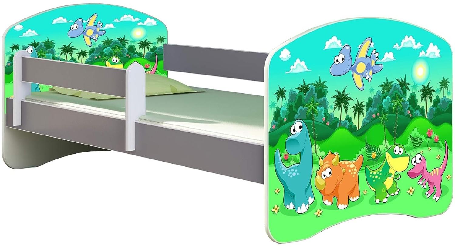 ACMA Kinderbett Jugendbett mit Einer Schublade und Matratze Grau mit Rausfallschutz Lattenrost II (30 Dino, 140x70) Bild 1