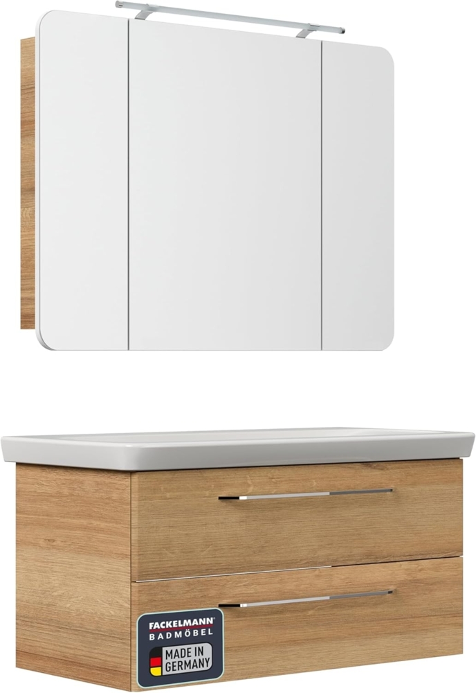 FACKELMANN MILANO Waschtisch Set mit Spiegelschrank 107 cm breit, Braun hell, Waschbecken Keramik Bild 1