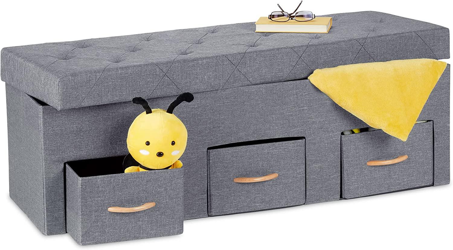 Relaxdays Sitzbank mit Stauraum, 3 Schubfächer, Flur, Wohn-& Schlafzimmer, HBT: 40 x 120 x 40 cm, Faltbare Banktruhe, grau Bild 1