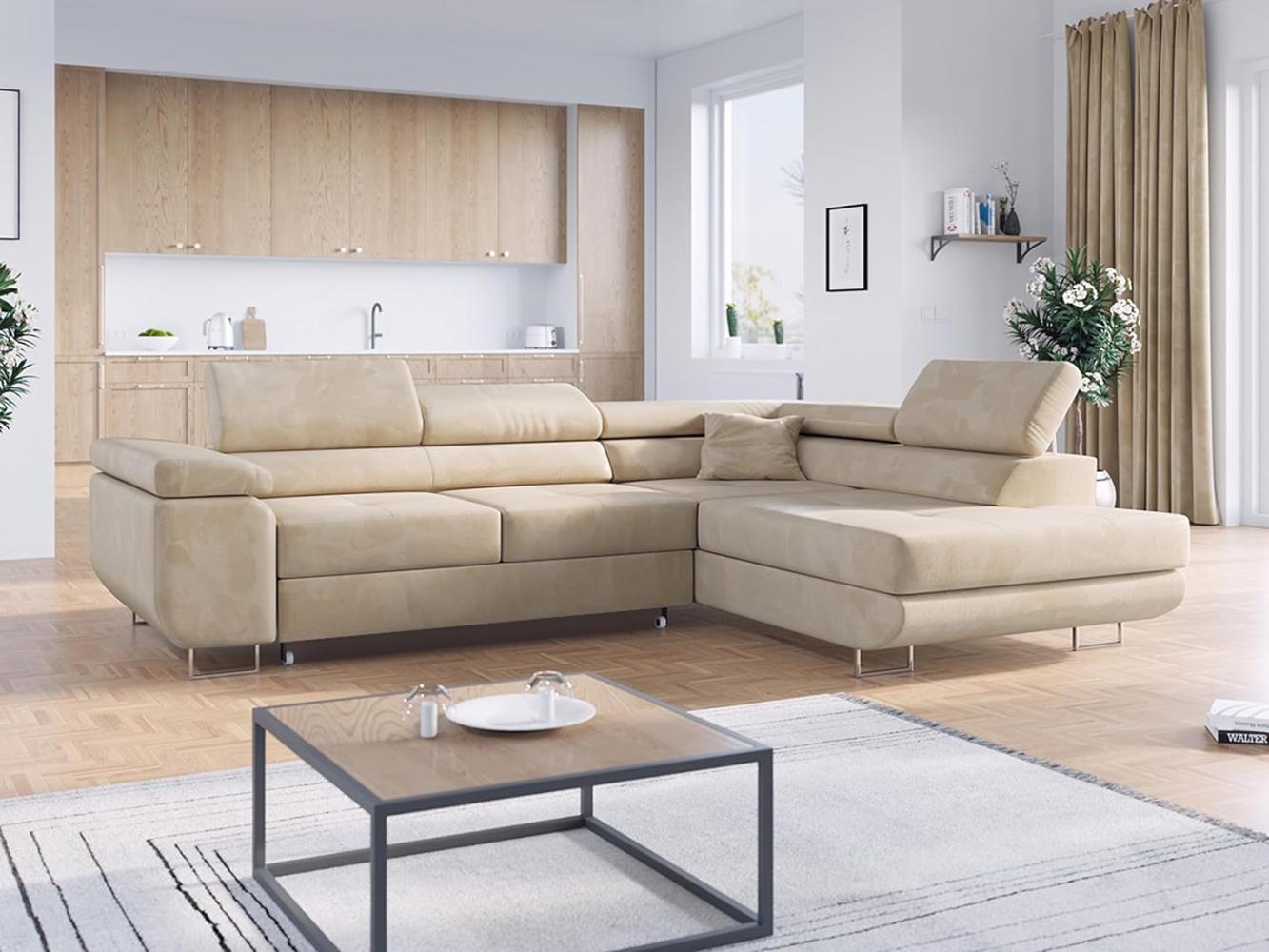 Ecksofa L-Form Couch mit Schlaffunktion und Verstellbare Kopfstützen - GUSTAW - Beige Velours - Rechts Bild 1