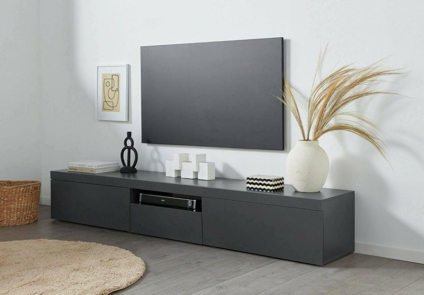 Dmora - TV-Ständer Ulrico, niedriges Wohnzimmer-Kommode mit 3 Türen, TV-Ständer-Basis, 220x40x35 cm, Anthrazit Bild 1