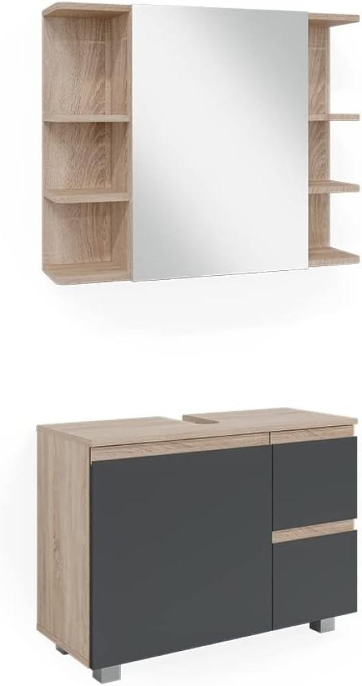 Vicco Badmöbelset J-shape Sonoma Anthrazit modern Badezimmer Schrank Badschrank Waschtischunterschrank Spiegelschrank Schranktür Schrankschublade Aufbewahrung Bild 1