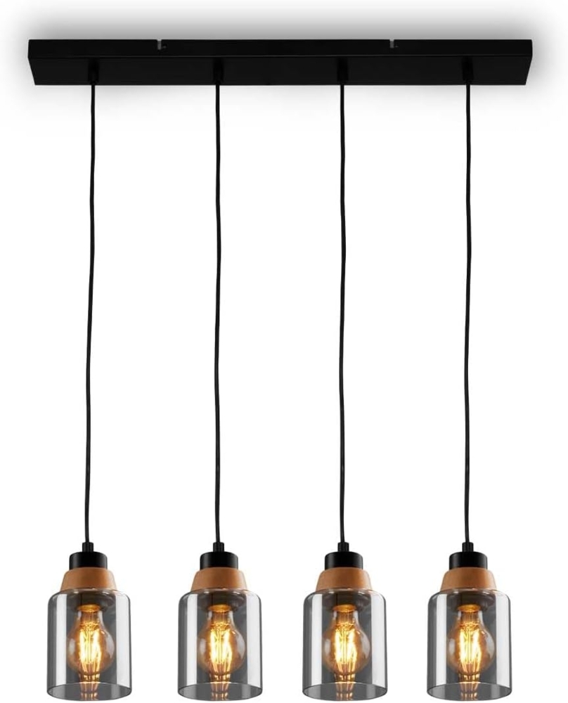 BRILONER – 4-flammige Pendelleuchte, Rauchglas, Deckenlampe, Deckenleuchte, Lampe, Wohnzimmerlampe, Lampenschirm aus Rauchglas, Hängelampe, Kronleuchter, Schlafzimmerlampe, Schwarz-Holz Bild 1