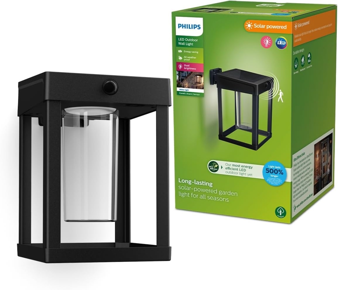 Philips Outdoor Ultra-Efficient Solar Camill Wandleuchte 1,4W, Dual-Bright Sensor, eckig, klar, 3000 Kelvin, IP44 wetterfest, schwarz Bild 1