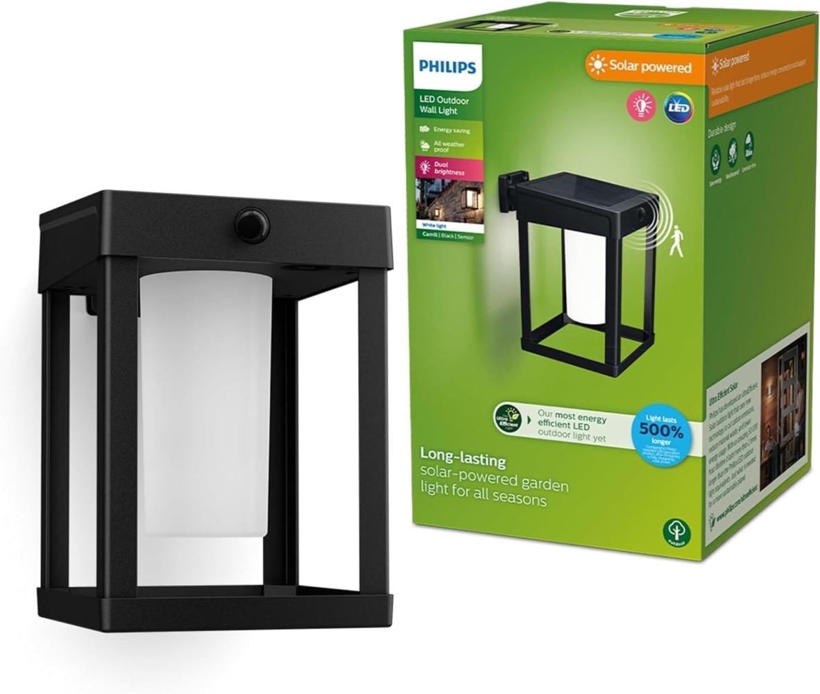 Philips Outdoor Ultra-Efficient Solar Camill Wandleuchte 1,4W, Dual-Bright Sensor, eckig, klar, 3000 Kelvin, IP44 wetterfest, schwarz Bild 1