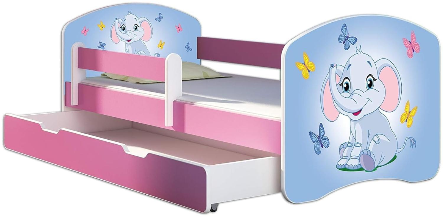 Kinderbett Jugendbett mit einer Schublade und Matratze Rausfallschutz Rosa 70 x 140 80 x 160 80 x 180 ACMA II (26 Elefant, 80 x 160 cm mit Bettkasten) Bild 1