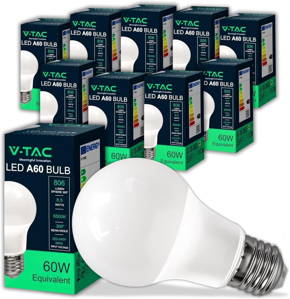 V-TAC 10x LED Glühbirne E27 8,5W (entspricht 60W) A60-806Lumen - LED Lampe 6500K Kaltweiß - LED Glühlampen - Energiesparlampe Bild 1