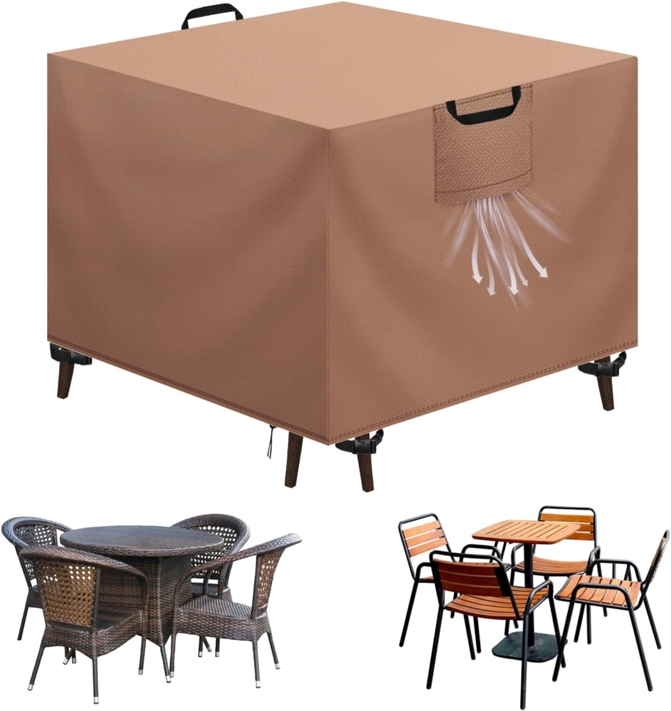 Aujink Abdeckung Gartenmöbel Winterfest, Wasserdichte Schutzhülle Gartenmöbel 420D Oxford Anti-UV Abdeckplane für Gartentische Terrassenmöbel Regenschutz und Staubfest Abdeckhaube Khaki 90 x 90 x 90 cm Bild 1