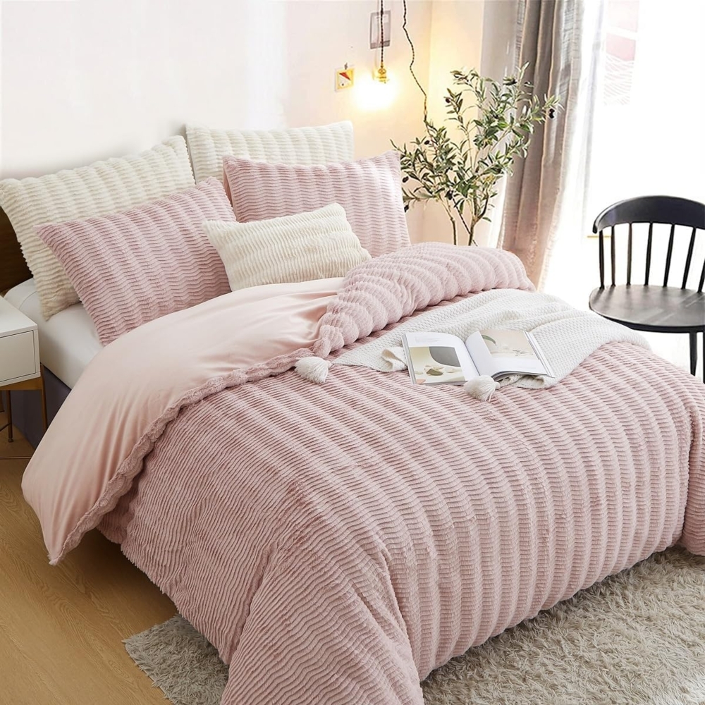 Lanqinglv Plüsch Bettwäsche 135x200 cm Rosa Flauschig Langhaar Kunstfell Winterbettwäsche Warm Kuschelig Flanell Fleece Cashmere Touch Bettbezug mit Reißverschluss und 1 Kissenbezug 80x80cm Bild 1