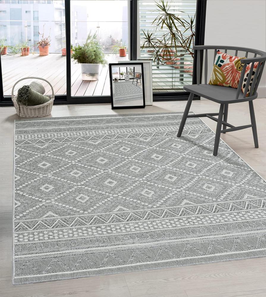 the carpet Calgary - robuster Teppich, Flachgewebe, modernes Design, ideal für Küche und Esszimmer, Vintage-Optik, Boho-Style, besonders flach, auch für den Außenbereich, Grau-Raute, 240 x 340 cm Bild 1