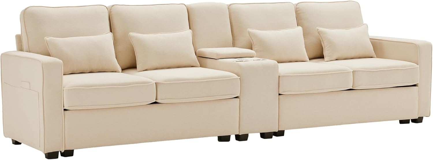 SeedWave Big-Sofa 4-Sitzer Sofa mit Konsole, Big Sofa breite 260 cm, Leinen Recamiere, Gepolstertes Sofa mit USB-Ladeanschluss, Stauraum Bild 1