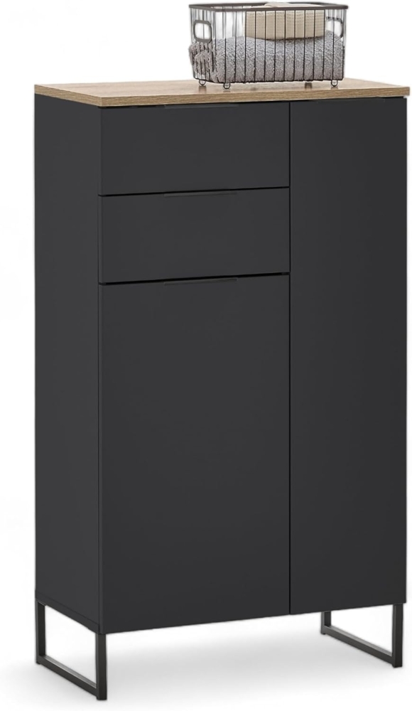 Stella Trading Denver Badezimmer Kommode in Schwarz/Evoke Eiche Optik FSC-Zertifiziert - Badezimmerschrank Bad Schrank mit viel Stauraum - 60 x 106 x 32 cm (B/H/T) Bild 1