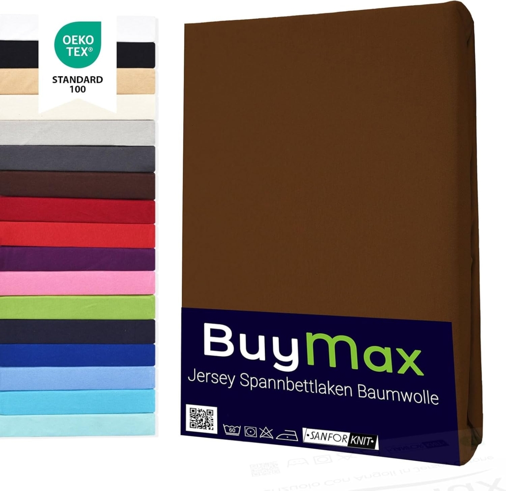 Buymax® Spannbettlaken 180x200 cm Doppelpack 100% Baumwolle Spannbetttuch Bettlaken Jersey, Matratzenhöhe bis 25 cm, Farbe Schokobraun Bild 1