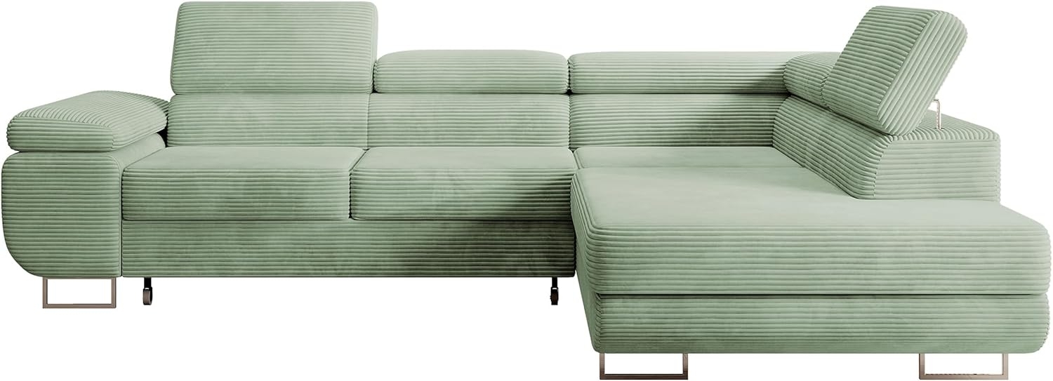 Selsey STEVIL - Ecksofa L-Sofa mit Schlaffunktion, Bettkasten, Ottomane rechts, Cordbezug Salbeigrün Bild 1