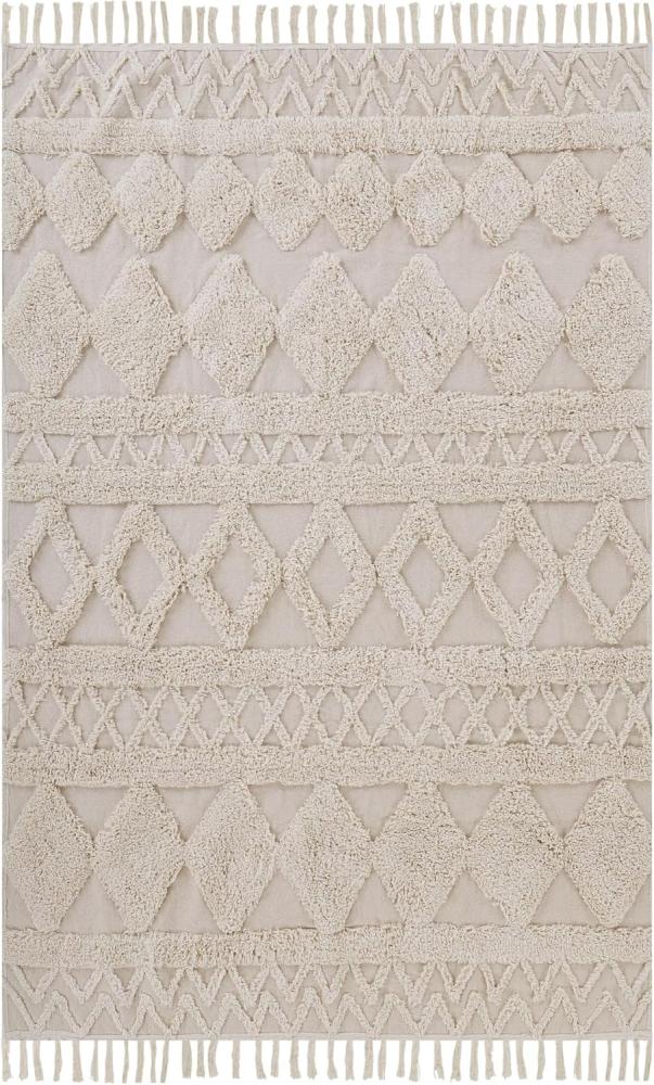 Teppich Baumwolle beige 140 x 200 cm geometrisches Muster Fransen Kurzflor DIDIM Bild 1