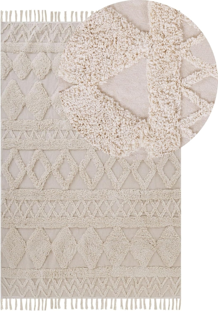 Teppich Baumwolle beige 140x200 cm geometrisches Muster Fransen Kurzflor DIDIM Bild 1