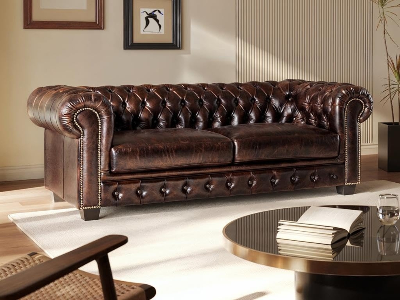 Chesterfield Ledersofa 3-Sitzer BRENTON - Büffelleder - Braun Bild 1