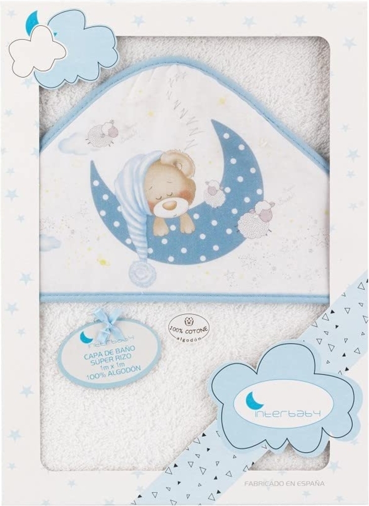 Interbaby 01225-11 Baby Kapuzenbadetuch BEAR SLEEPING weiss e blau, Blau Bild 1