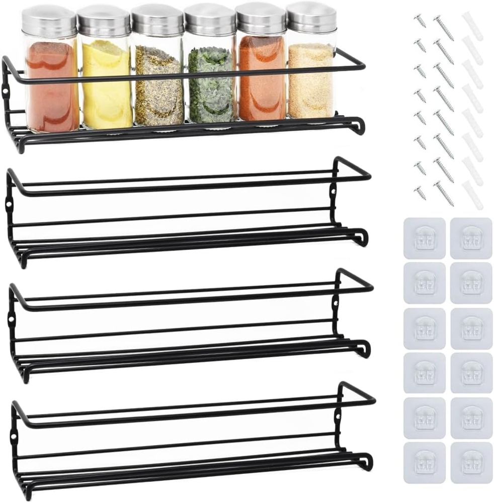 Joejis 4-stöck Gewürz Regal für Küche 29 cm - Gewürzregal Wand - Kräuter Regal - 3M Selbstklebend Ohne Bohren oder Schrauben - Küchenregal Wand - Schwarz schwarz (H 6.3 x T 29.2 x B 5 cm) Bild 1