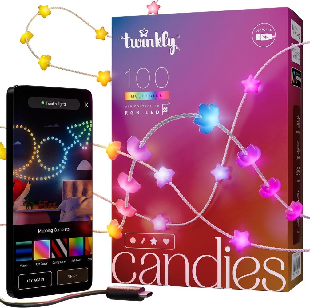 Twinkly Strings Star 100 LED, Sternförmige LED-Lichterkette, RGB LED-Lichter, Kompatibel mit Alexa & Google Home, Gaming-Lichter, Stromversorgung über USB-C, Transparentes Kabel, 6m Bild 1