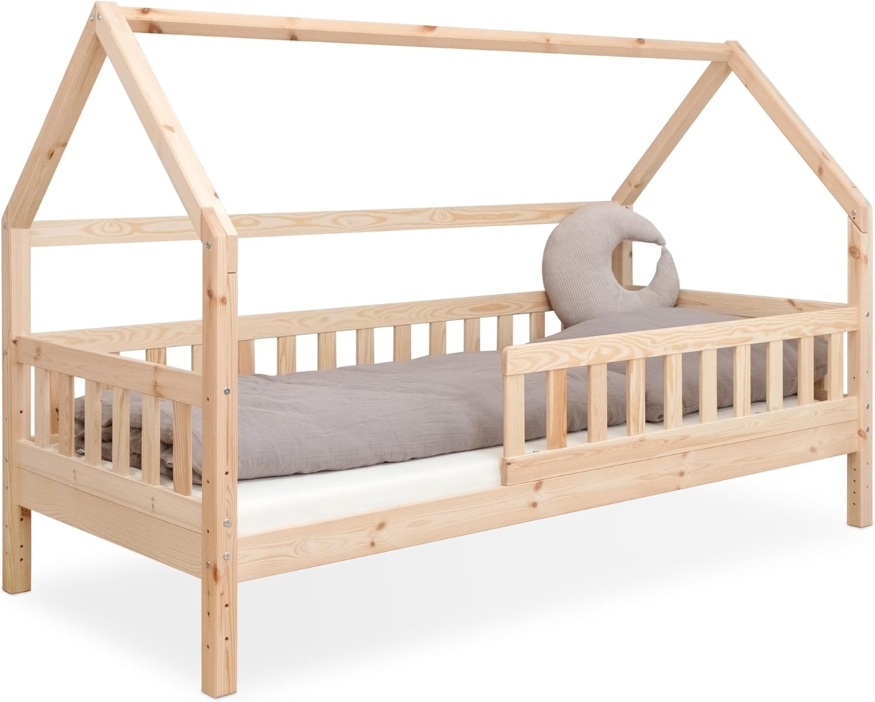 Ehrenkind® Hausbett | Kinderbett mit abnehmbaren Rausfallschutz aus Massivholz FSC zertifziert inkl. Lattenrost | Hausbett 90x200 | Kinderbett 90x200 Natur Bild 1