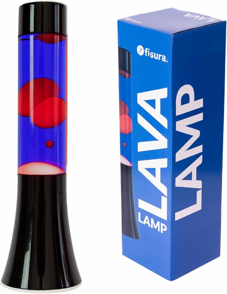 FISURA - Blaue Lavalampe. 30 cm große Lavalampe mit schwarzem Sockel, blauer Flüssigkeit und roter Lava. Lampe mit Entspannungseffekt. 9 x 9 x 30 cm Bild 1