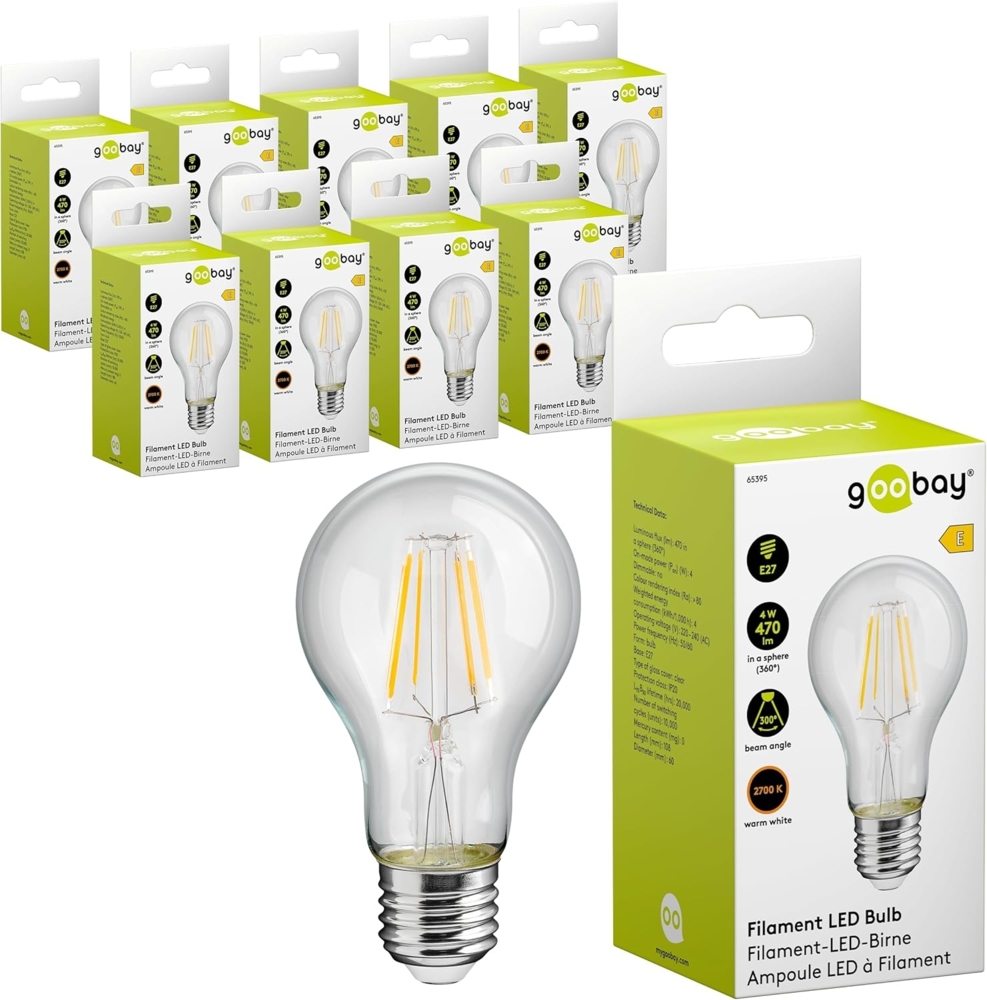 goobay 74100 Filament LED Birne 4W / Kerzenform/Glühbirne warmweißes Licht 2700K / LED Birne für Kronleuchter/Lampe mit geringer Wärmeentwicklung/Nicht dimmbar / 4kWh/1000h Kristallklar / 10 Stück Bild 1