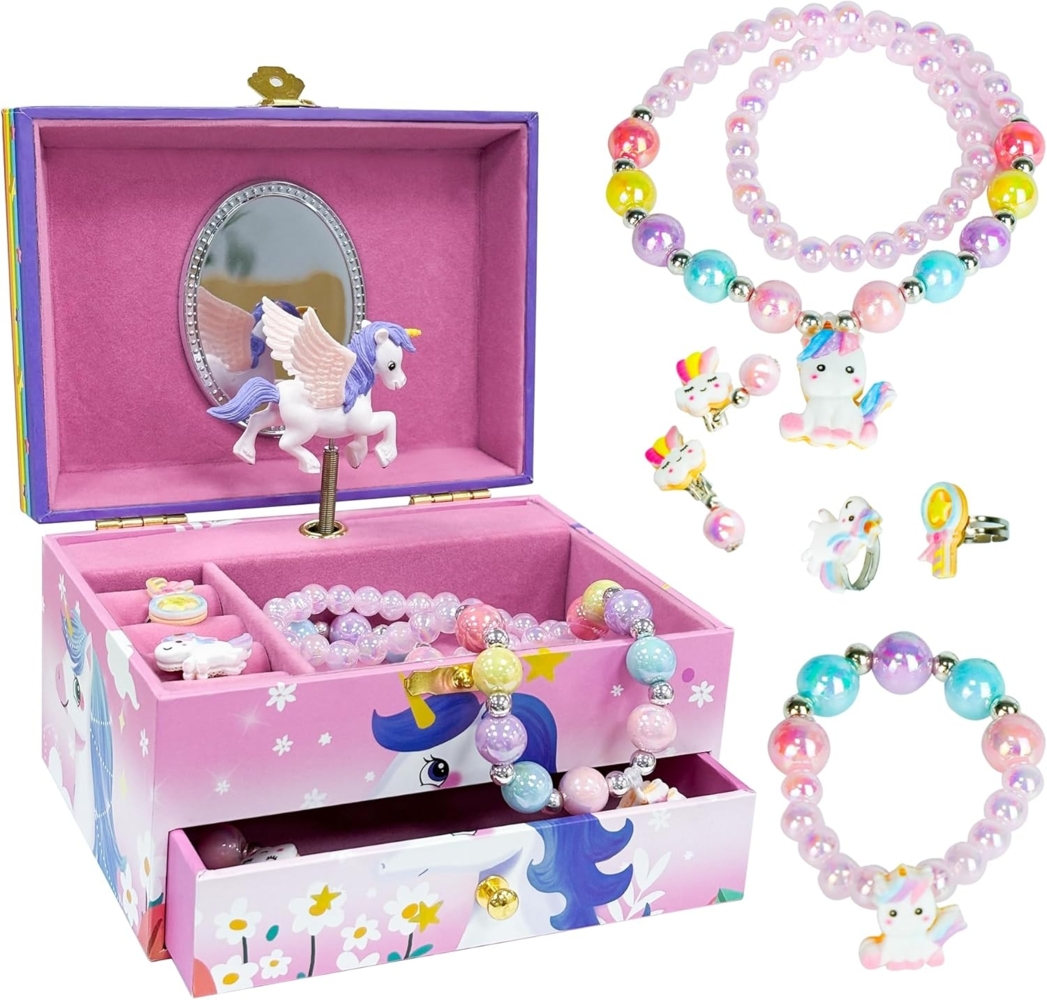 AdelDream Schmuckkasten Musik-Aufbewahrungsbox mit Einhorn Engelsflügeln Bild 1