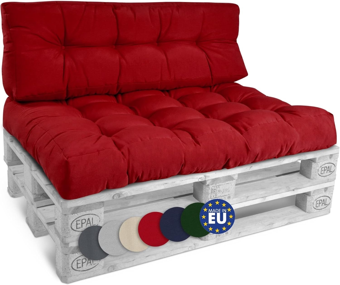 Beautissu Set Palettenkissen Outdoor 1x Sitzkissen 120x80 cm & 1x Rückenkissen 120x40 cm – Auflagen für Paletten Europaletten Palettensofa Lounge Kissen Palettenmöbel Palettenpolster Rot – Style Bild 1