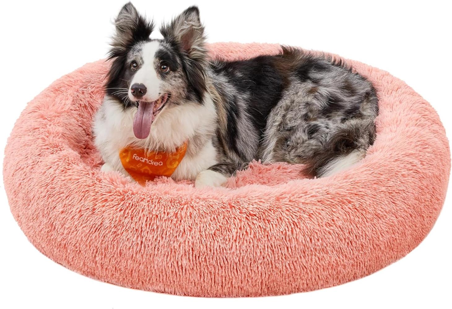 Feandrea Hundebett flauschig, Donut Kissen, waschbar, Polsterung in der Mitte herausnehmbar, Langer Plüsch, rosa, 100 x 20 cm Bild 1