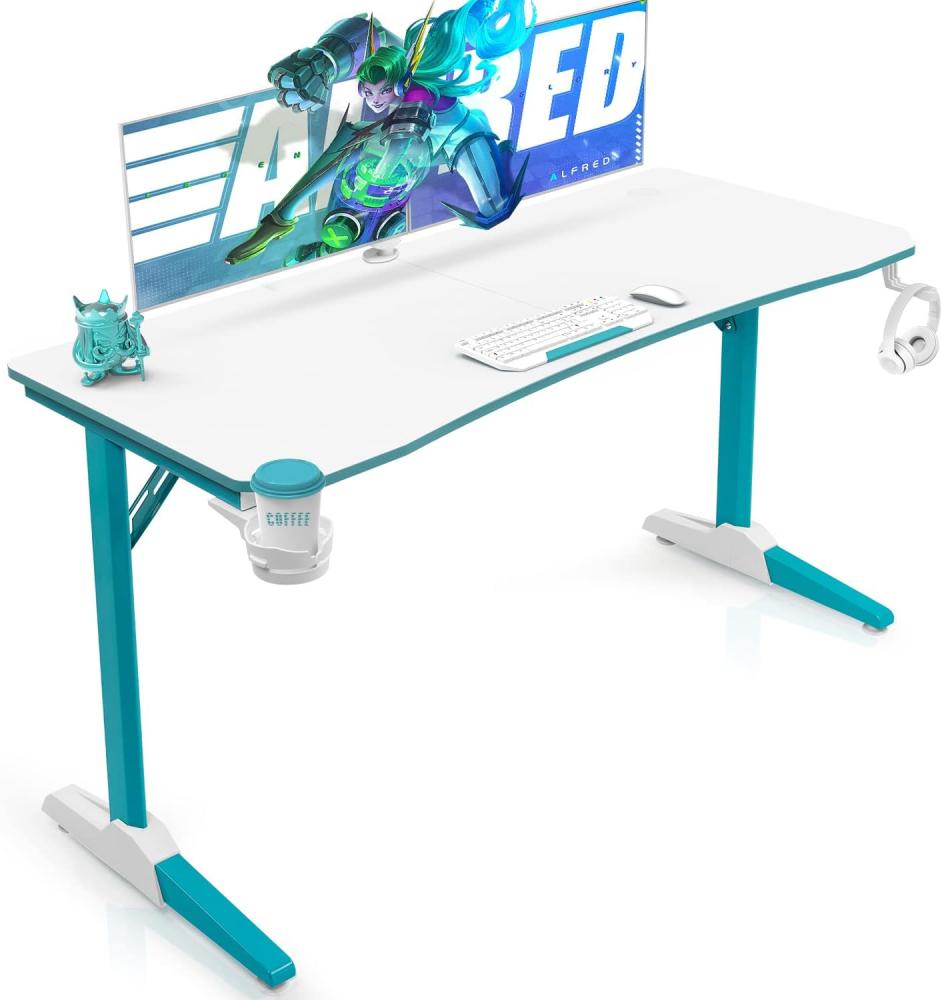 Devoko Gaiming Tisch 140cm Gaming Schreibtisch Weiß Gamer Computertisch Ergonomischer PC Tisch mit Kabelaufbewahrungsbox, Getränkehalter und Kopfhörerhalter T-förmiger (Weiß, 140x60 cm) Bild 1