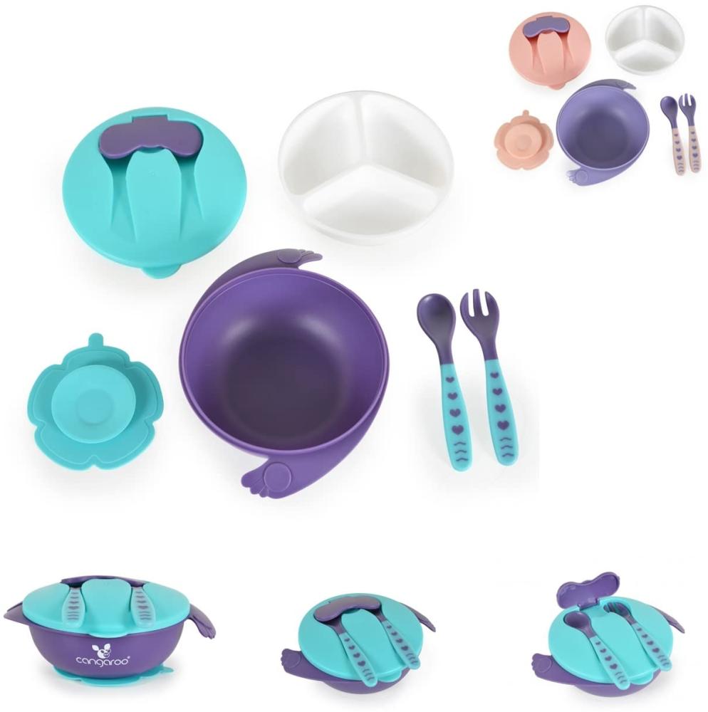 Cangaroo Kindergeschirrset Jelly F1730 rutschfester Boden, Gabel, Löffel, Deckel blau Bild 1