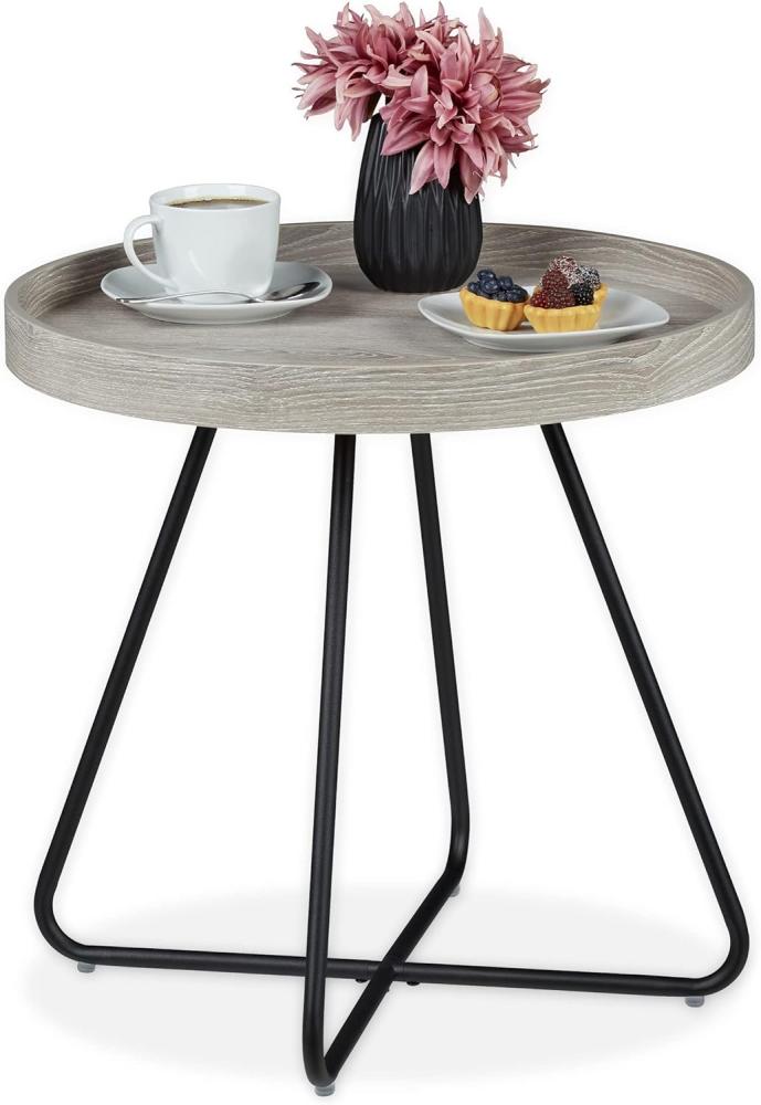 Relaxdays Beistelltisch, runder Ablagetisch, HxD: 45,5 x 46,5 cm, Holzoptik & Stahl, Sofatisch Wohnzimmer, grau/schwarz Bild 1