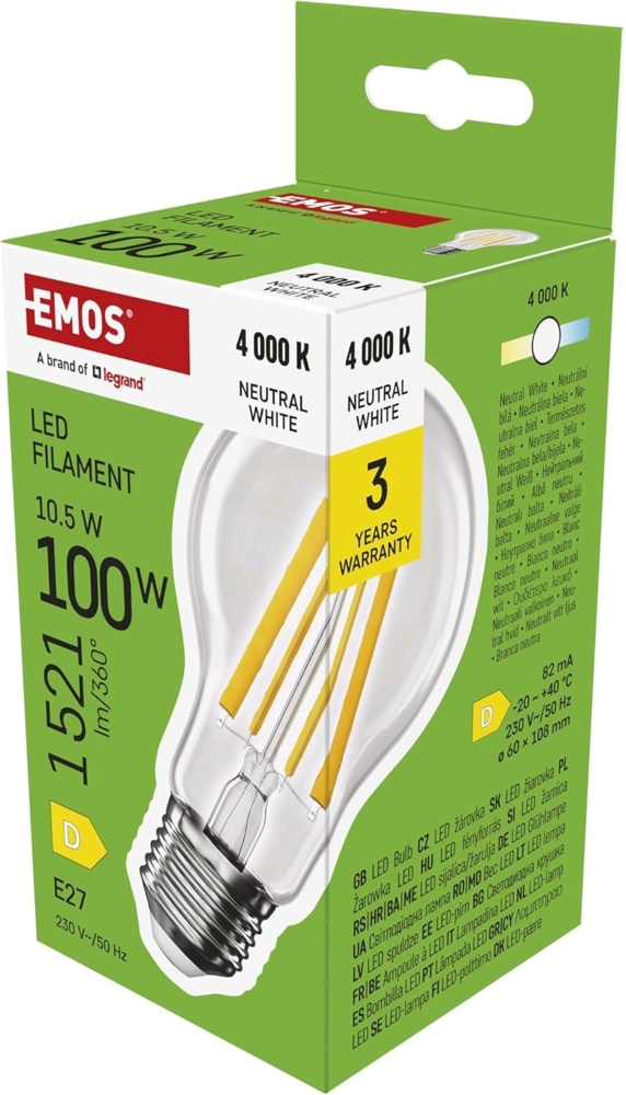 EMOS LED Lampe Edison A60, 10,5W Ersatz für 100W Glühbirne, Vintage-Glühlampe mit E27 Sockel und Helligkeit 1521 lm, Neutralweiß 4000 K, 25000 Stunden Lebensdauer, CRI > 80, 360° Abstrahlwinkel Bild 1