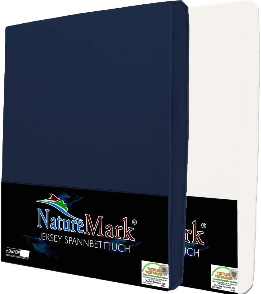 NatureMark 2er Pack Jersey Spannbettlaken, Spannbetttuch 100% Baumwolle in vielen Größen und Farben MARKENQUALITÄT ÖKOTEX Standard 100 | 180x200 cm - 200x200 cm - Navy/Weiss Bild 1