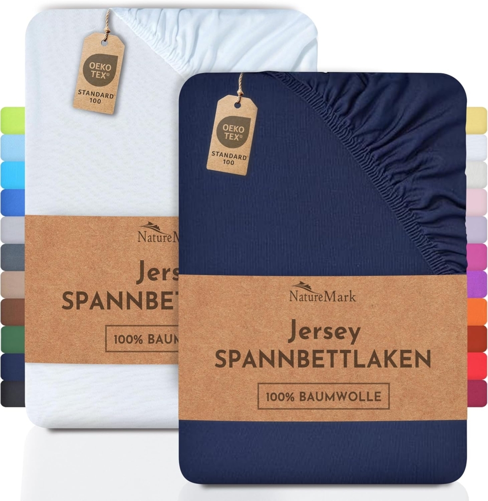NatureMark 2er Pack Jersey Spannbettlaken, Spannbetttuch 100% Baumwolle in vielen Größen und Farben MARKENQUALITÄT ÖKOTEX Standard 100 | 180x200 cm - 200x200 cm - Navy/Weiss Bild 1