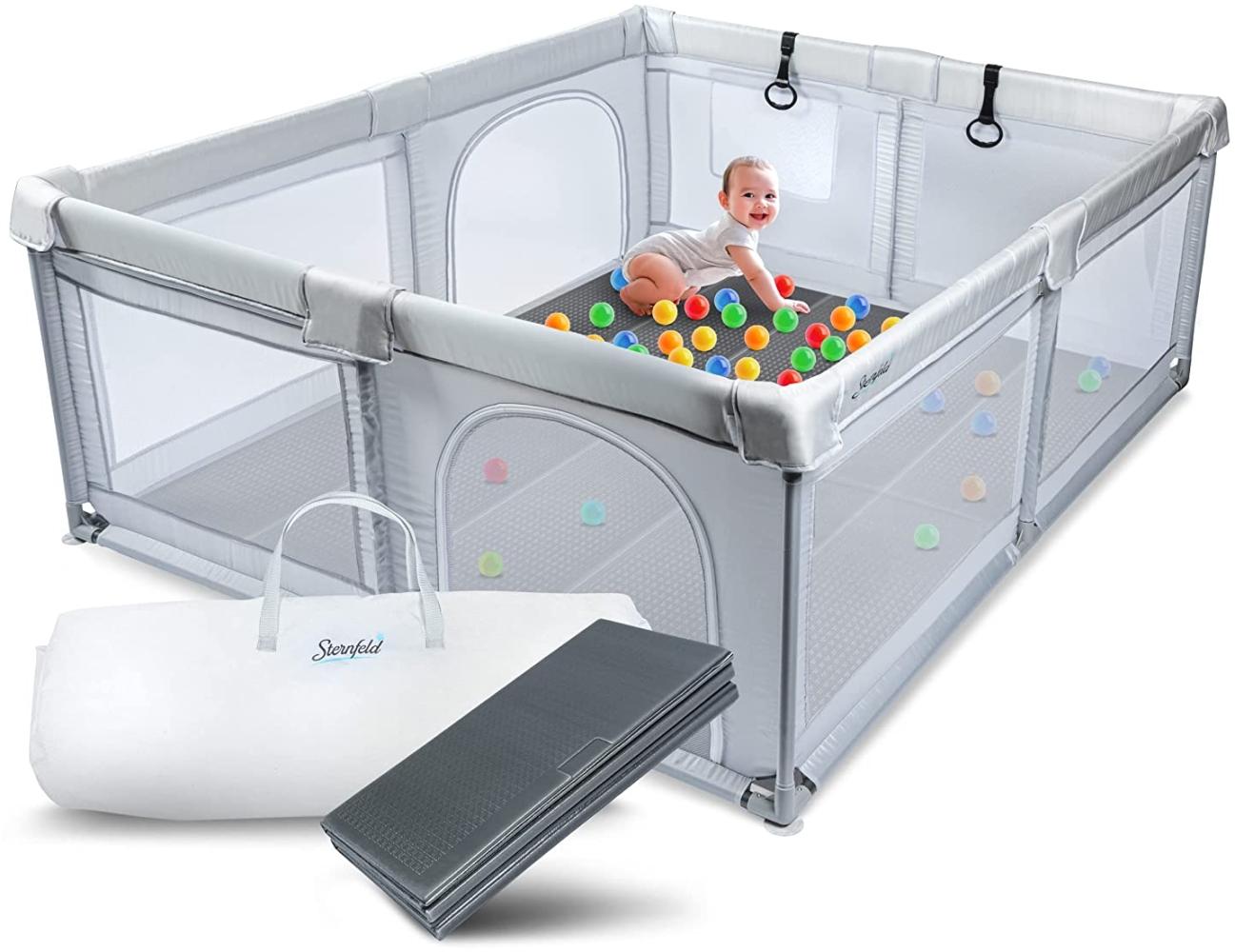 Sternfeld Laufstall Baby - Sicheres Laufgitter Baby mit weicher Spielmatte [150x180 cm] - Gepolsterter Baby Laufstall mit Stehgriffen [zum Laufen lernen] - Krabbelgittter mit Netz & 2 Türen Bild 1