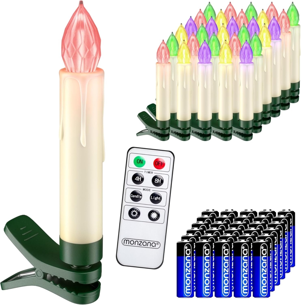 Monzana 30er Set Weihnachtsbaumkerzen Kabellos LED mehrfarbig mit Batterien und Fernbedienung Dimmbar Flackern Timer Christbaumkerzen Weihnachtskerzen Bild 1