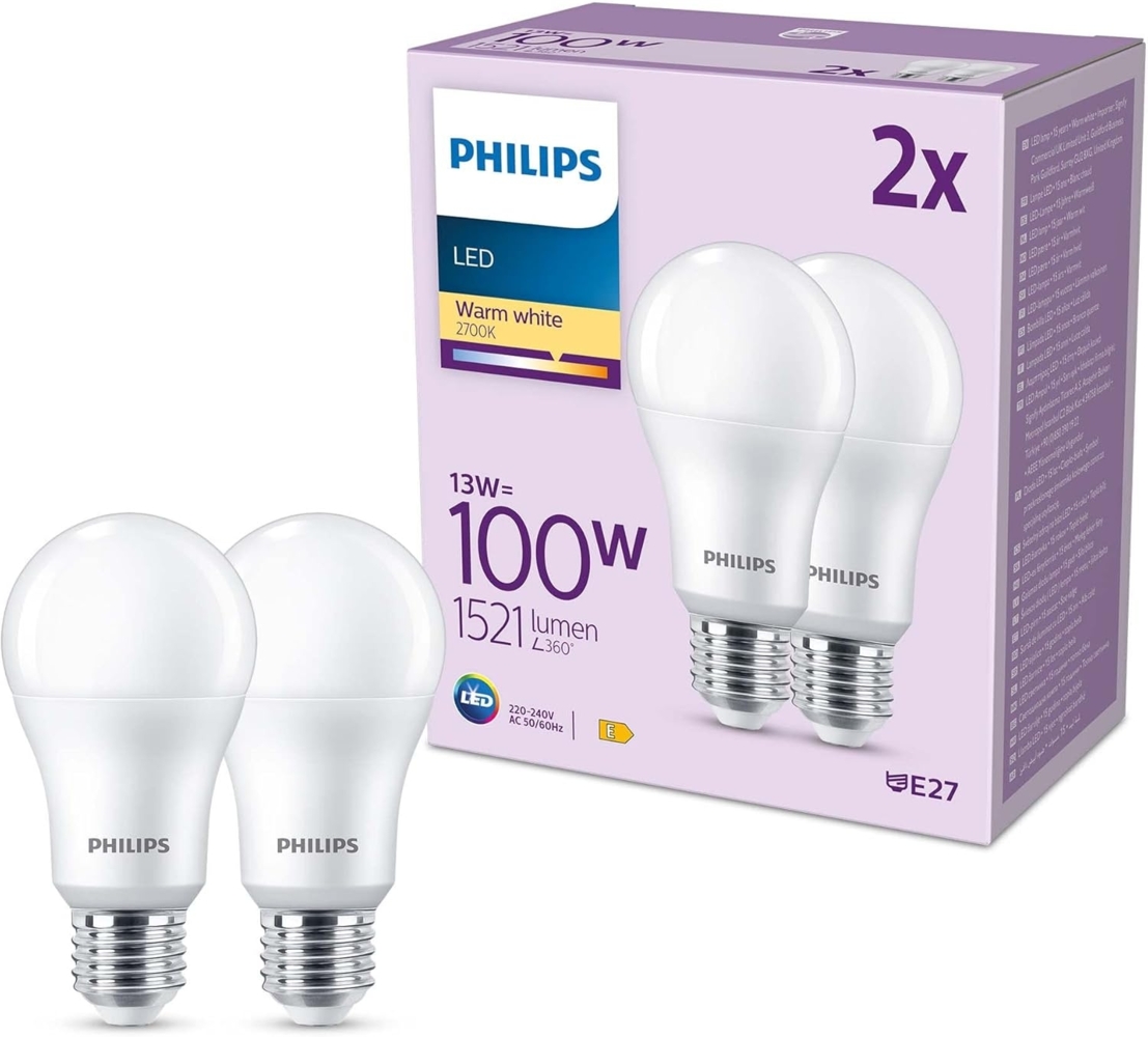 Philips LED classic Lampe 100W E27 Warmweiß 1521lm matt 2er P Bild 1
