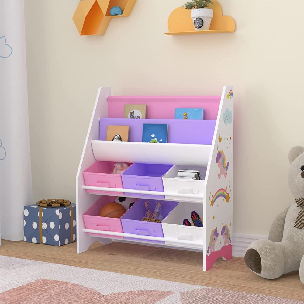 Kinderregal Ponteceso mit 2 Ablagefächern und 6 Faltboxen Einhorn Motiv Lila / Rosa [en. casa] Bild 1