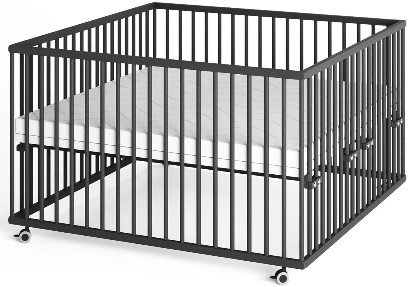 Sämann Laufstall Baby mit Matratze SleepPlus, Lattenrost und Schlupfsprossen | stufenlos höhenverstellbar | Laufgitter Premium | Babybett aus Holz | Krabbelgitter (schwarz, 120x120 cm) Bild 1