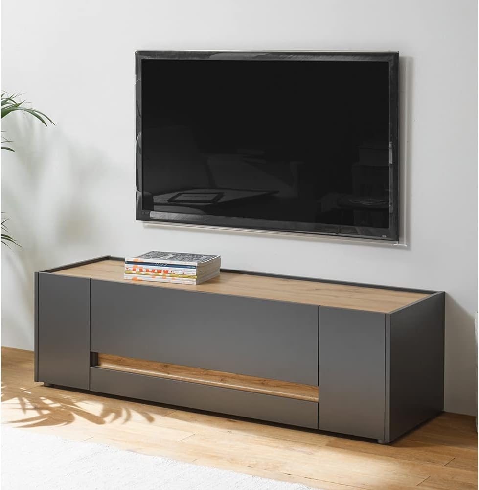 Wohnzimmer TV Lowboard modern CRISP-61 in anthrazit mit Absetzungen in Wotan Eiche Nb, B/H/T: ca. 140/40/45 cm Bild 1