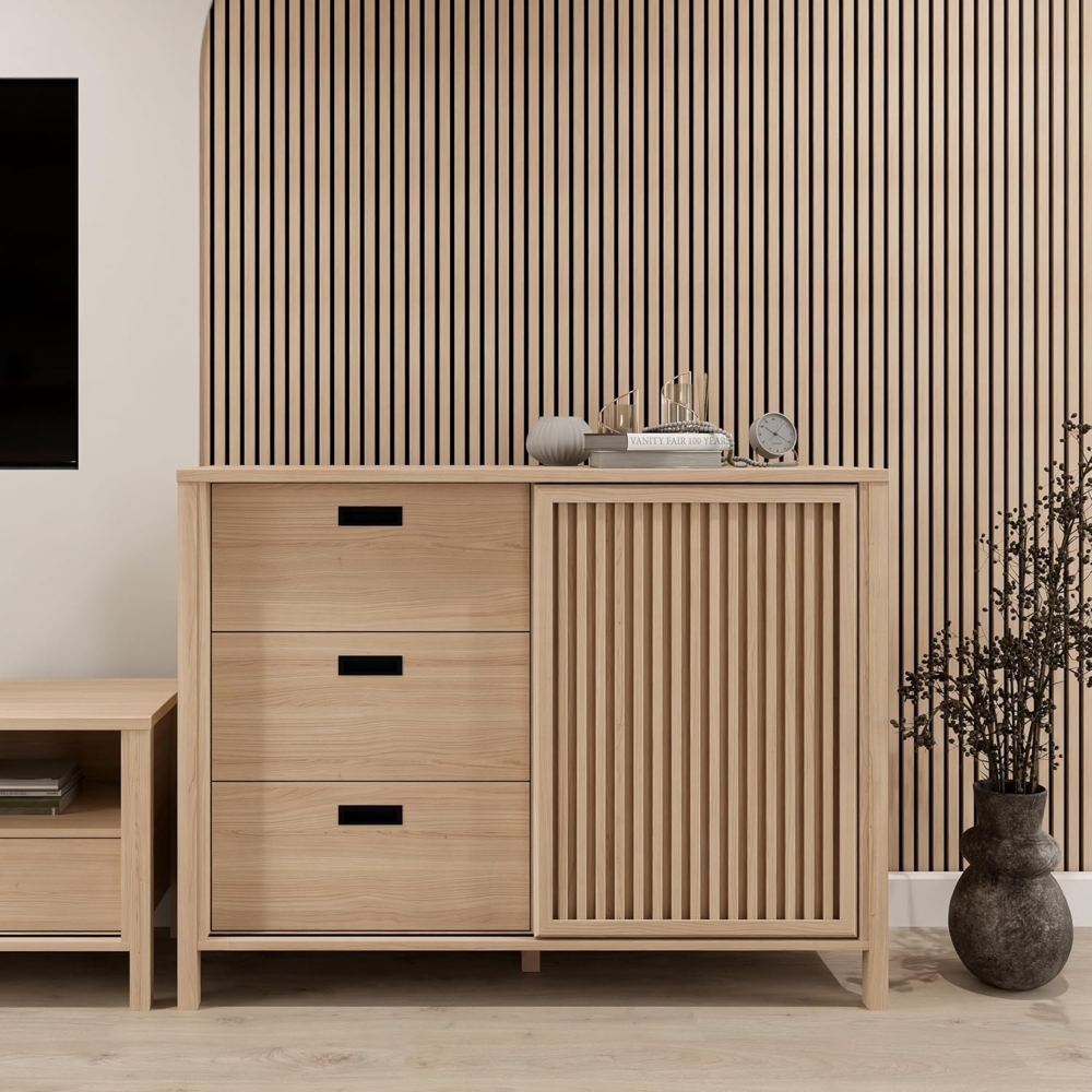 Forte JYTANA Sideboard 120, skandinavisches Sideboard mit 3 Schubladen und Schranktür, Riva Eiche Holzdekor, 119,8 cm breit x 91,5 cm hoch x 40,2 cm tief Bild 1