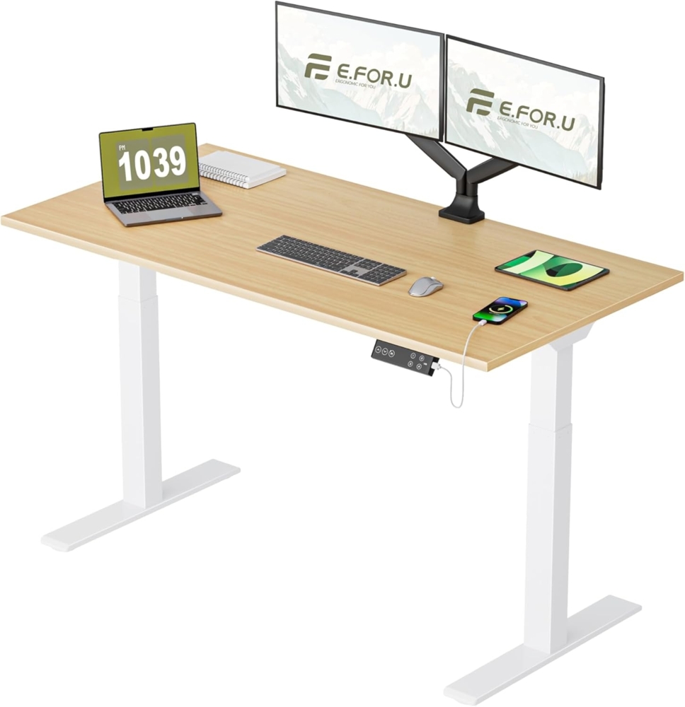 E.For.U® höhenverstellbarer Schreibtisch 140x80 cm, 2 Motoren, elektrisch höhenverstellbares Tischgestell mit 2-Fach-Teleskop, Memory-Steuerung (Weiß), DT20L mit Tischplatte (Buche) Bild 1
